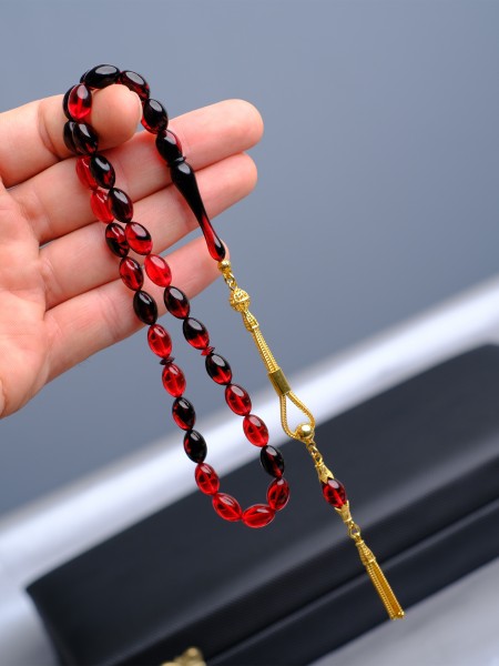 Ala Seri Kırmızı  Siyah Hareli Sıkma Kehribar Tesbih 